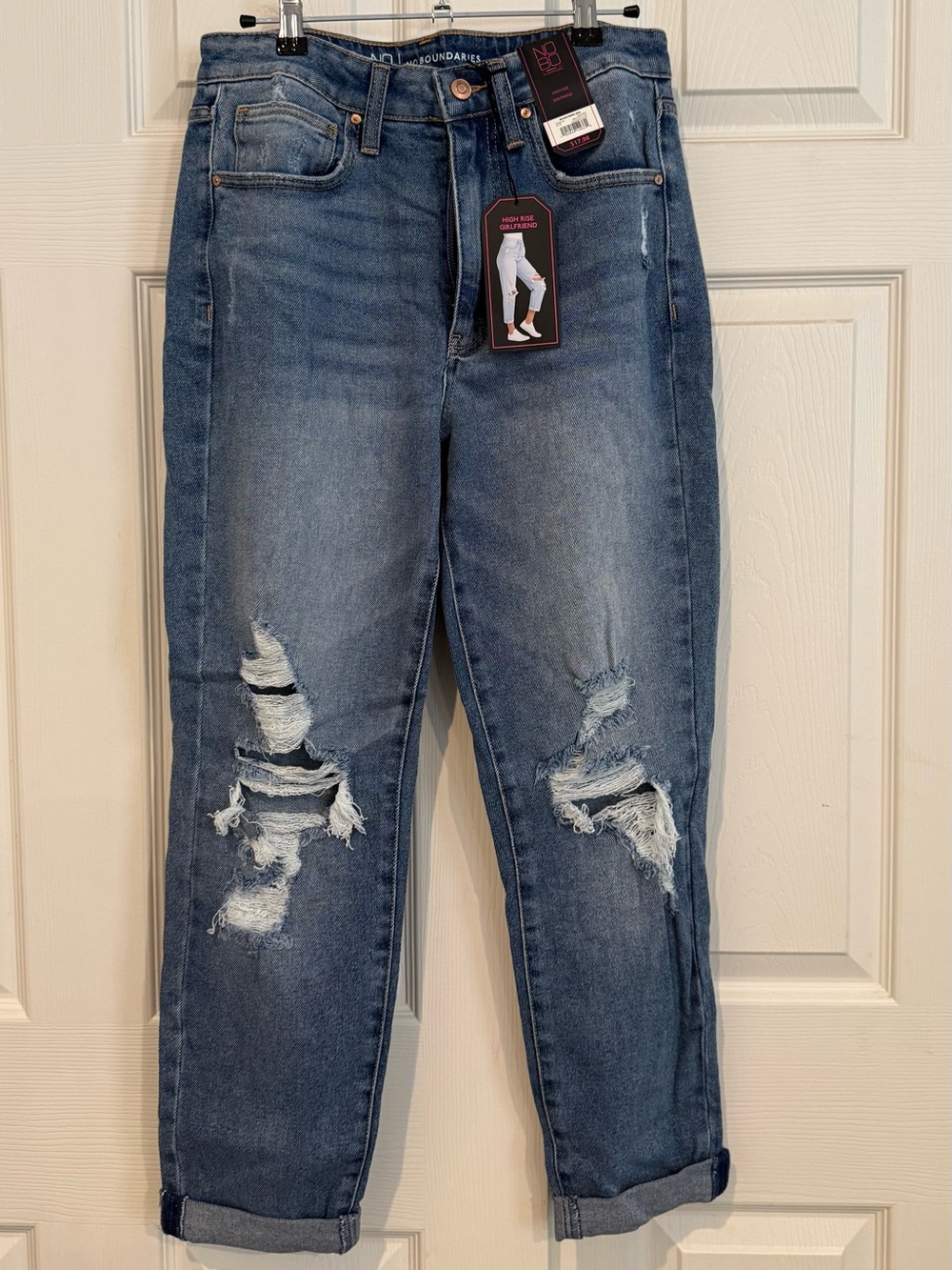 NOBO Distressed Boyfriend Jeans in Medium Blue Wash